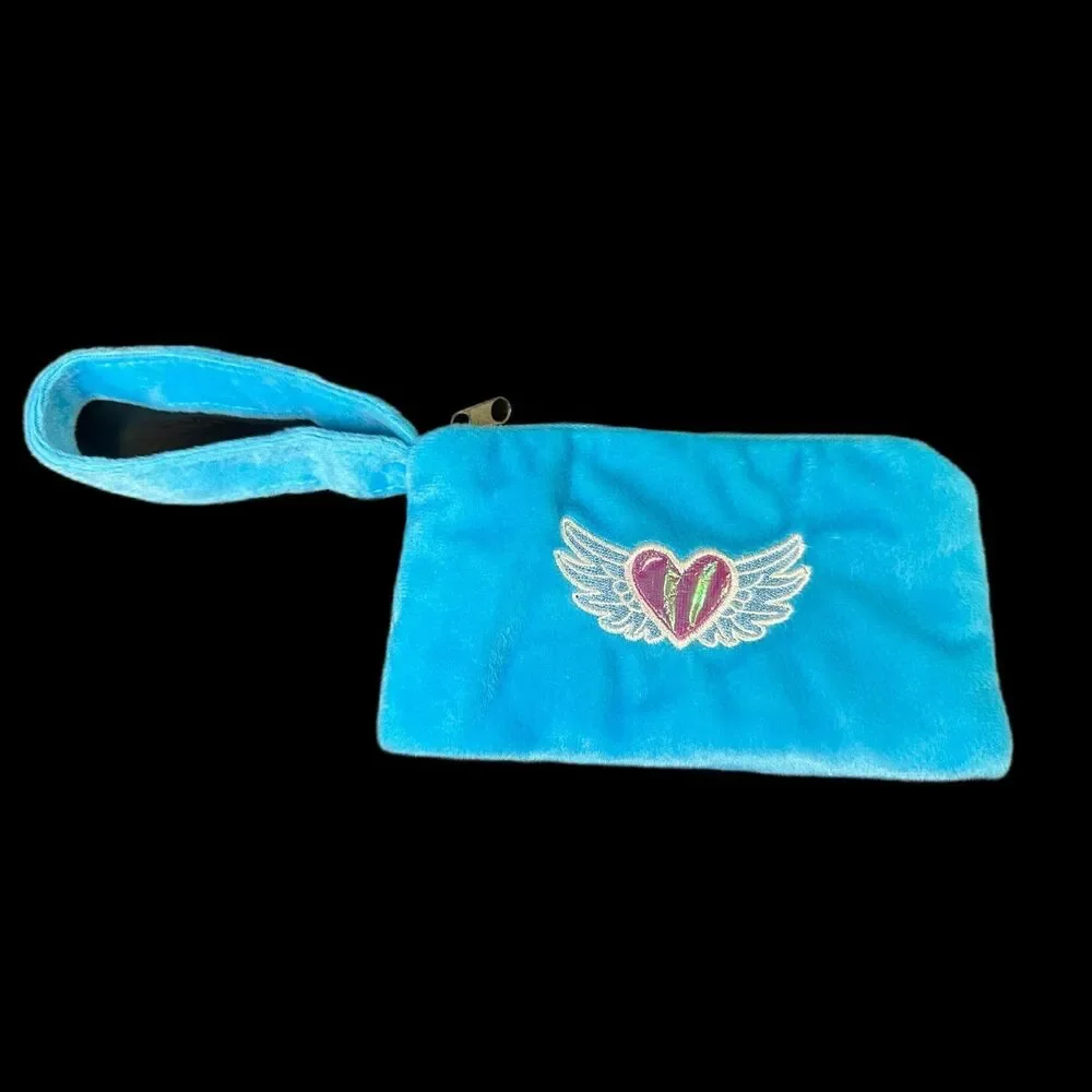Vintage Y2k Heart with Angel Wings Blue Wristlet Embroidered Velour Mini Bag